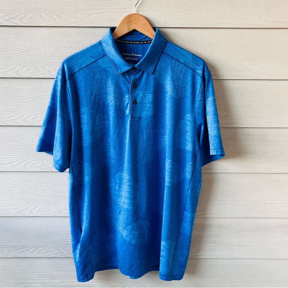 Tommy Bahama IslandZone Polo Shirt Men’s Large Blue Palm Leaf Print Stretch